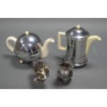 A SELECTION OF SILVER PLATED ITEMS, PLUS INSULATED STAINLESS STEEL TEA AND COFFEE POTS