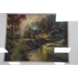 FRAMED THOMAS KINKADE PRINT OF COTTAGE AND STREAM WITH GEESE.