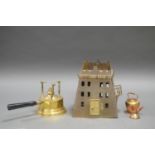 SELECTION OF DECORATIVE BRASSWARE INCLUDING A SAUDI SOUVENIR CANDLE COVER AND A BRASS STOVE.