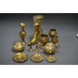 COLLECTION OF DECORATIVE BRASSWARE INCLUDING A LARGE BRASS BOOT, GOBLETS AND TEAPOT.