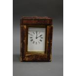 A BRASS-CASED HALF HOUR STRIKING CARRIAGE CLOCK WITH ENAMEL DIAL, CASED IN BEVELLED GLASS TO ALL