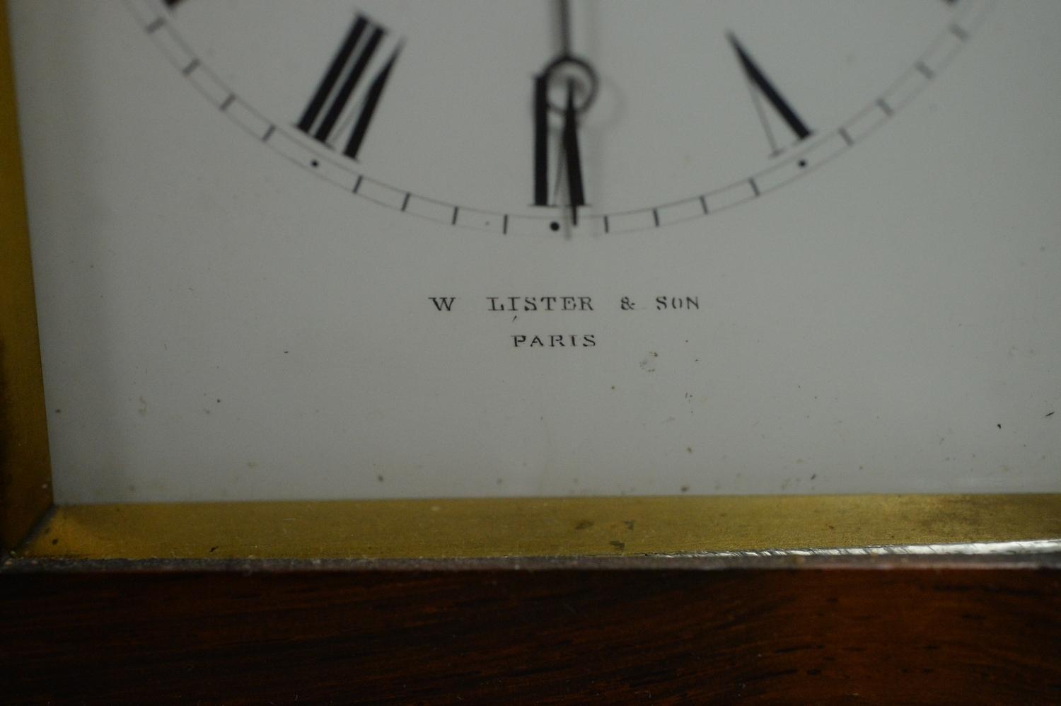 A WOODEN CASED CARRIAGE CLOCK WITH ENAMEL DIAL MARKED 'W. LISTER AND SON, PARIS". MOVEMENT MARKED - Image 2 of 2