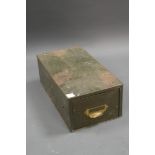 A PAINTED METAL CARD FILE WITH BRASS HANDLE. HEIGHT 15CM, WIDTH 22CM, DEPTH 40CM