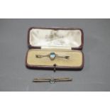 2 ANTIQUE GOLD AQUAMARINE BAR BROOCHES.