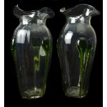 A pair of Art Nouveau green tear drop trailed vases, probably Stuart, Stourbridge, of fluted blauste