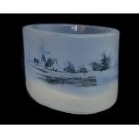 A Daum Nancy Dutch harbour scene glass salt, the opaline glass of oval section enamelled with