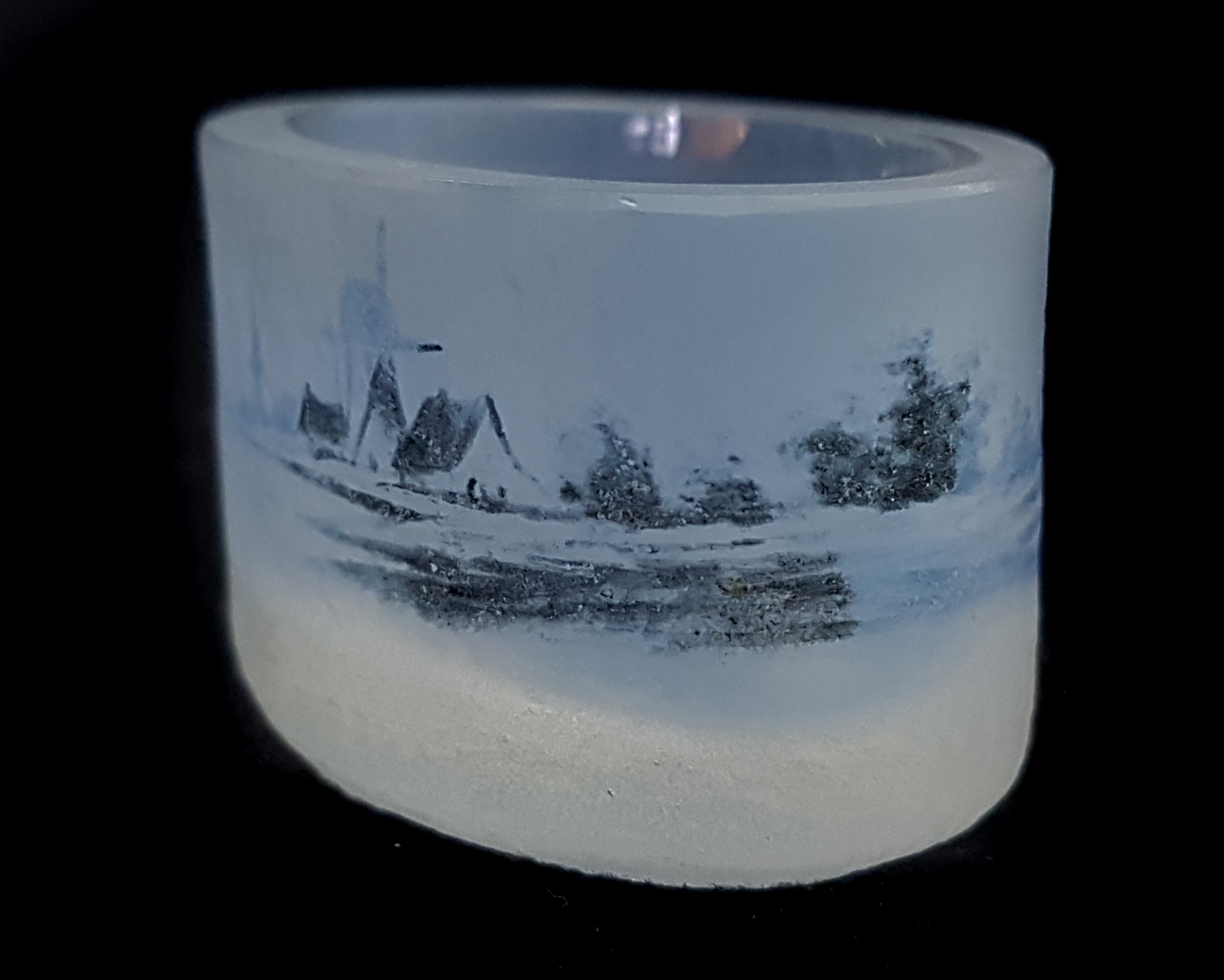 A Daum Nancy Dutch harbour scene glass salt, the opaline glass of oval section enamelled with - Image 2 of 6