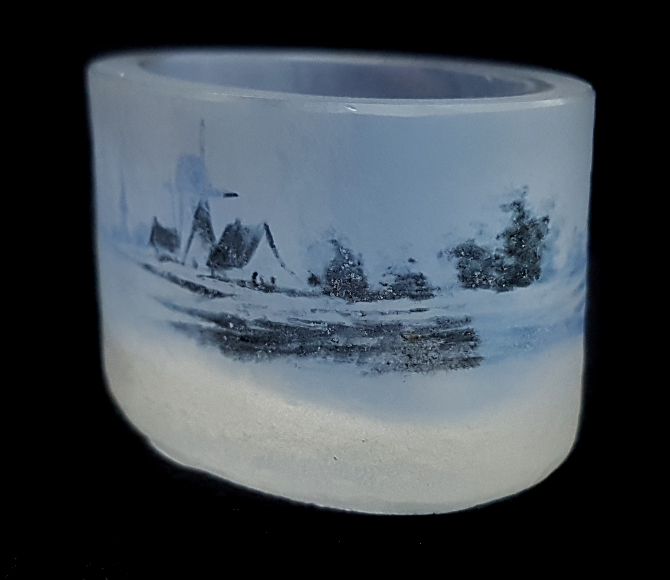 A Daum Nancy Dutch harbour scene glass salt, the opaline glass of oval section enamelled with - Image 4 of 6