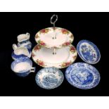 A Royal Albert 'Old Country Roses' cake stand, two tier; and items of blue and white china (7)