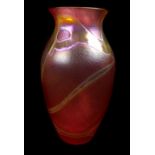 An Okra Glass Vase of squat baluster form, the mottled pink body with golden yellow inclusions,