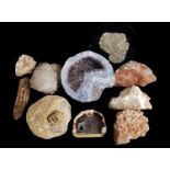 A collection of rock specimens, geodes and crystals, and a museum mounted iron pyrite sample (qty)
