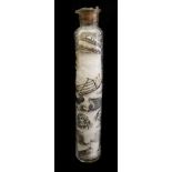 A Decalromanica glass phial internally decorated with black printed motifs including vase,drum,