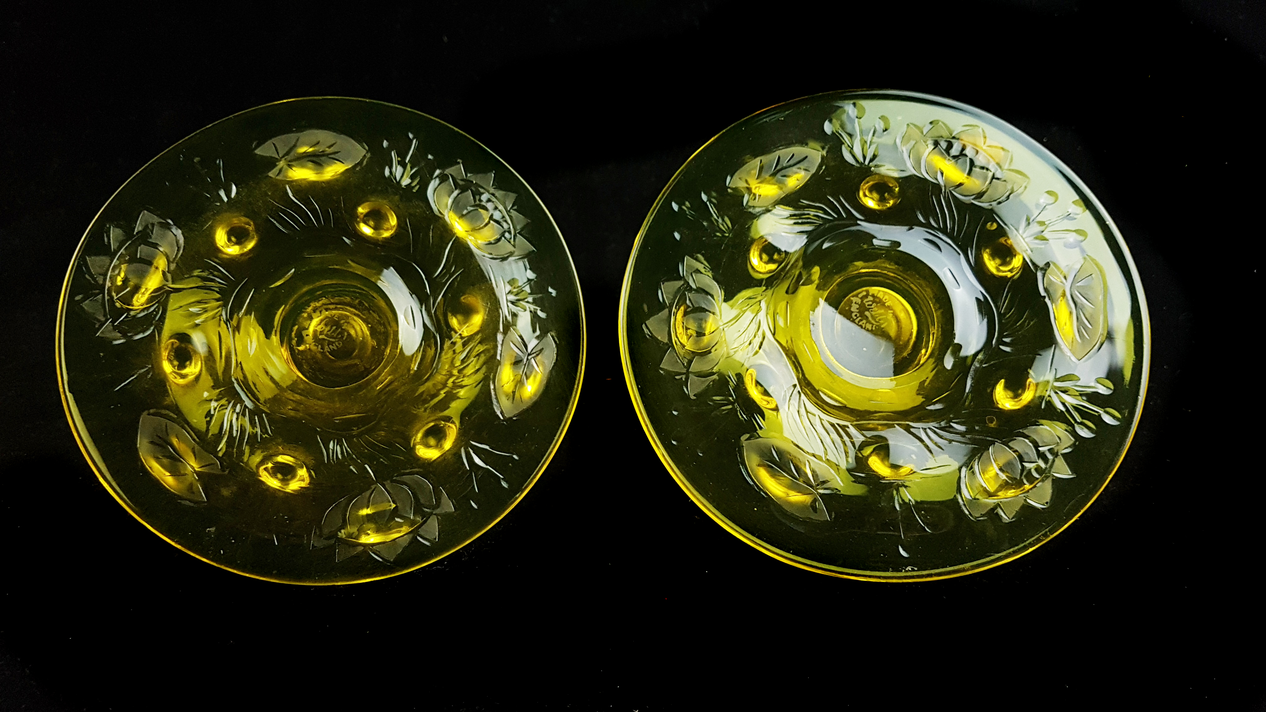 A pair of Webbs Gay glass dwarf candlesticks, yellow amber colour, the circular foot moulded and cut - Image 2 of 3