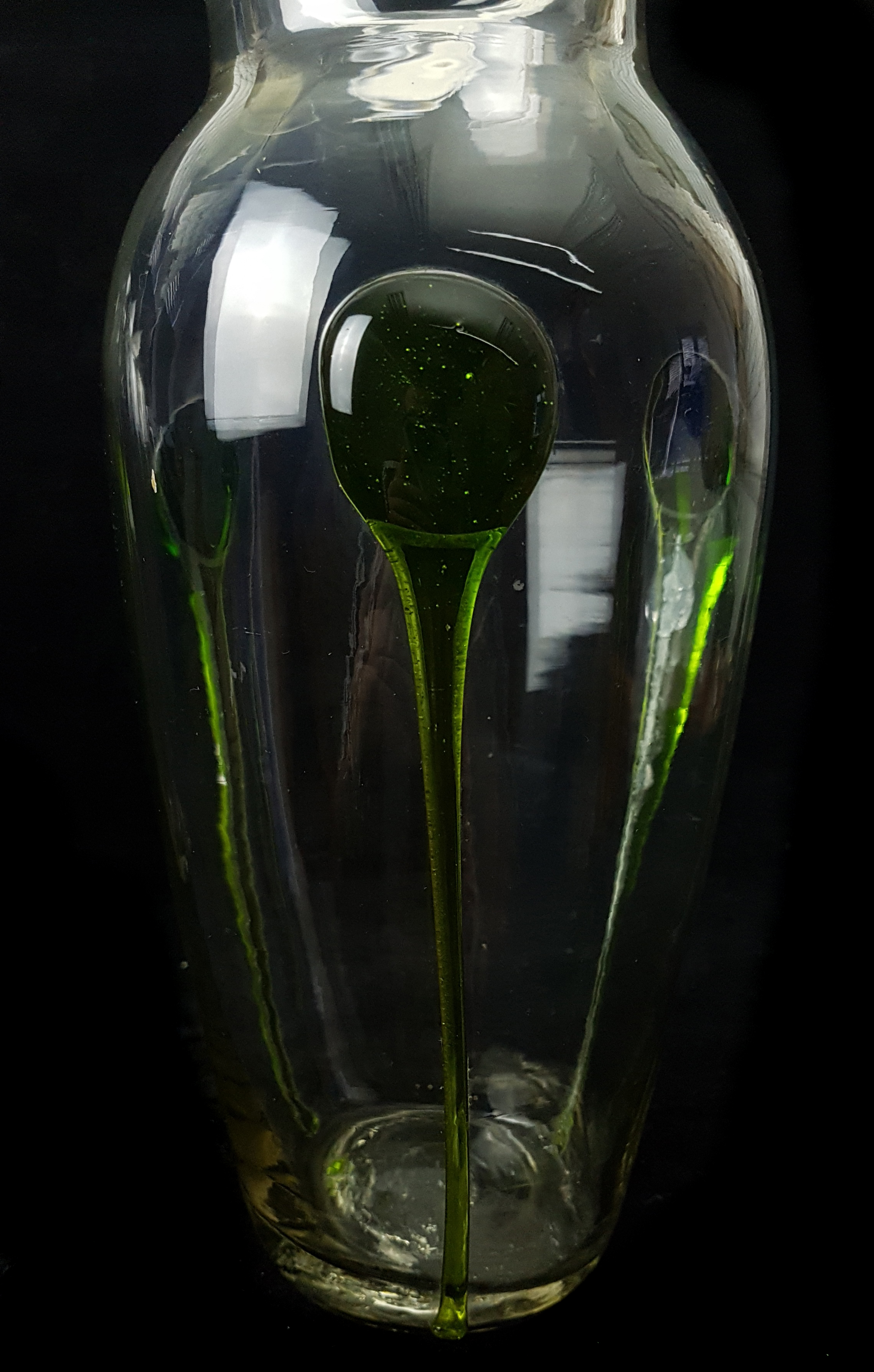 A pair of Art Nouveau green tear drop trailed vases, probably Stuart, Stourbridge, of fluted blauste - Image 2 of 2