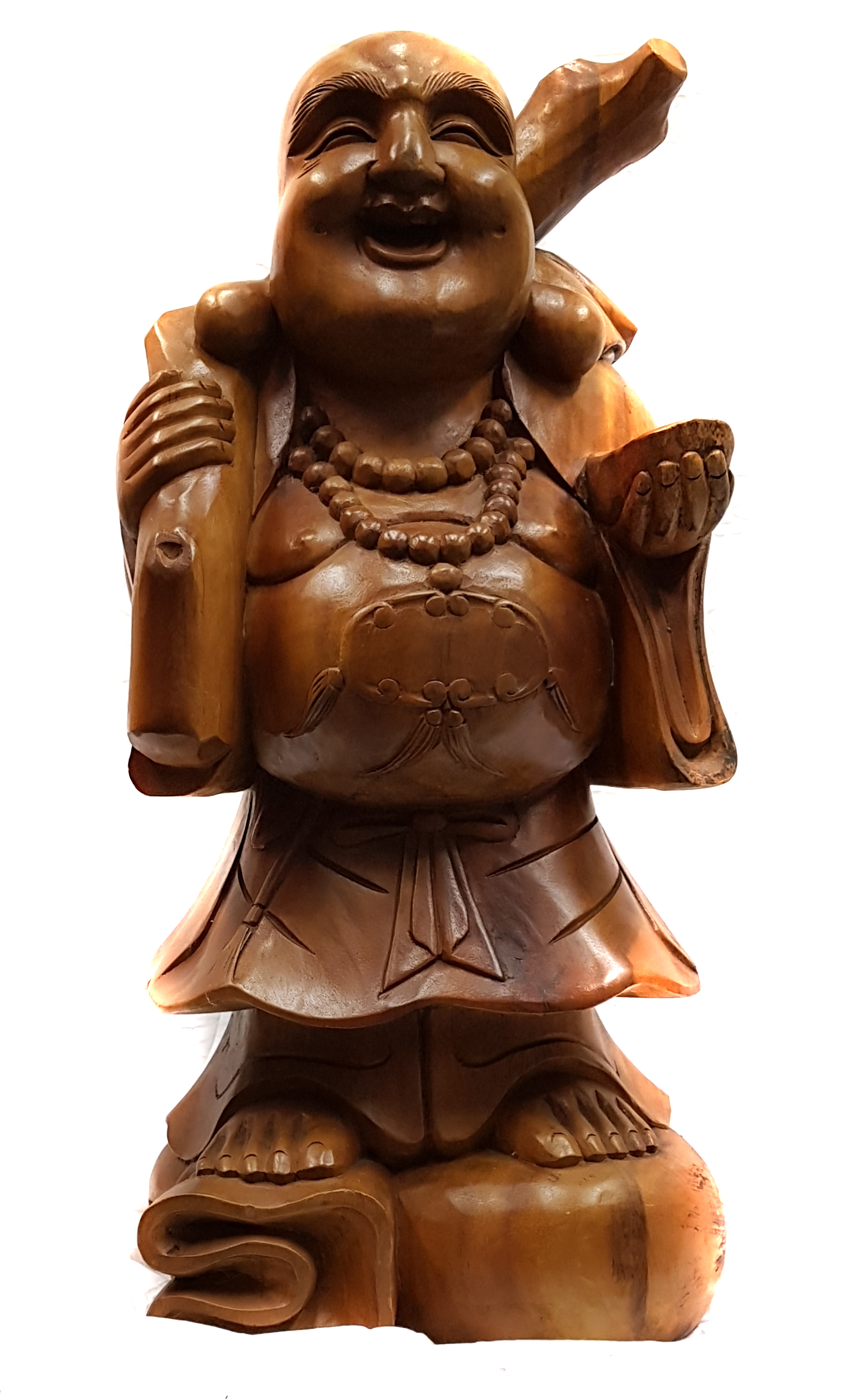 A large Chinese carved wood figure of the laughing buddha, holding staff and syche, 77cm high - Image 3 of 3