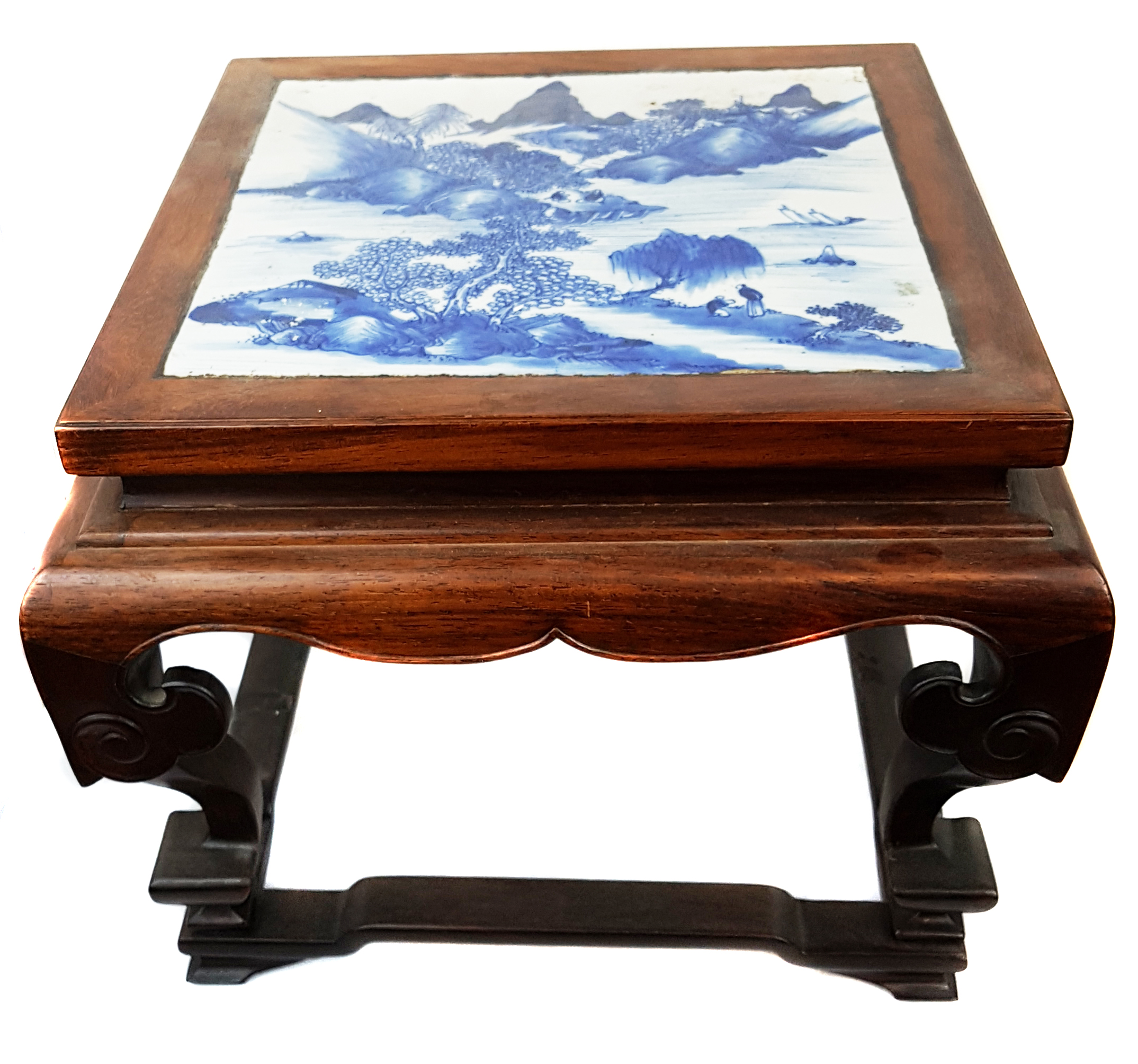 A Chinese hardwood low stand, set with a Chinese blue and white porcelain square panel to top, - Image 4 of 4