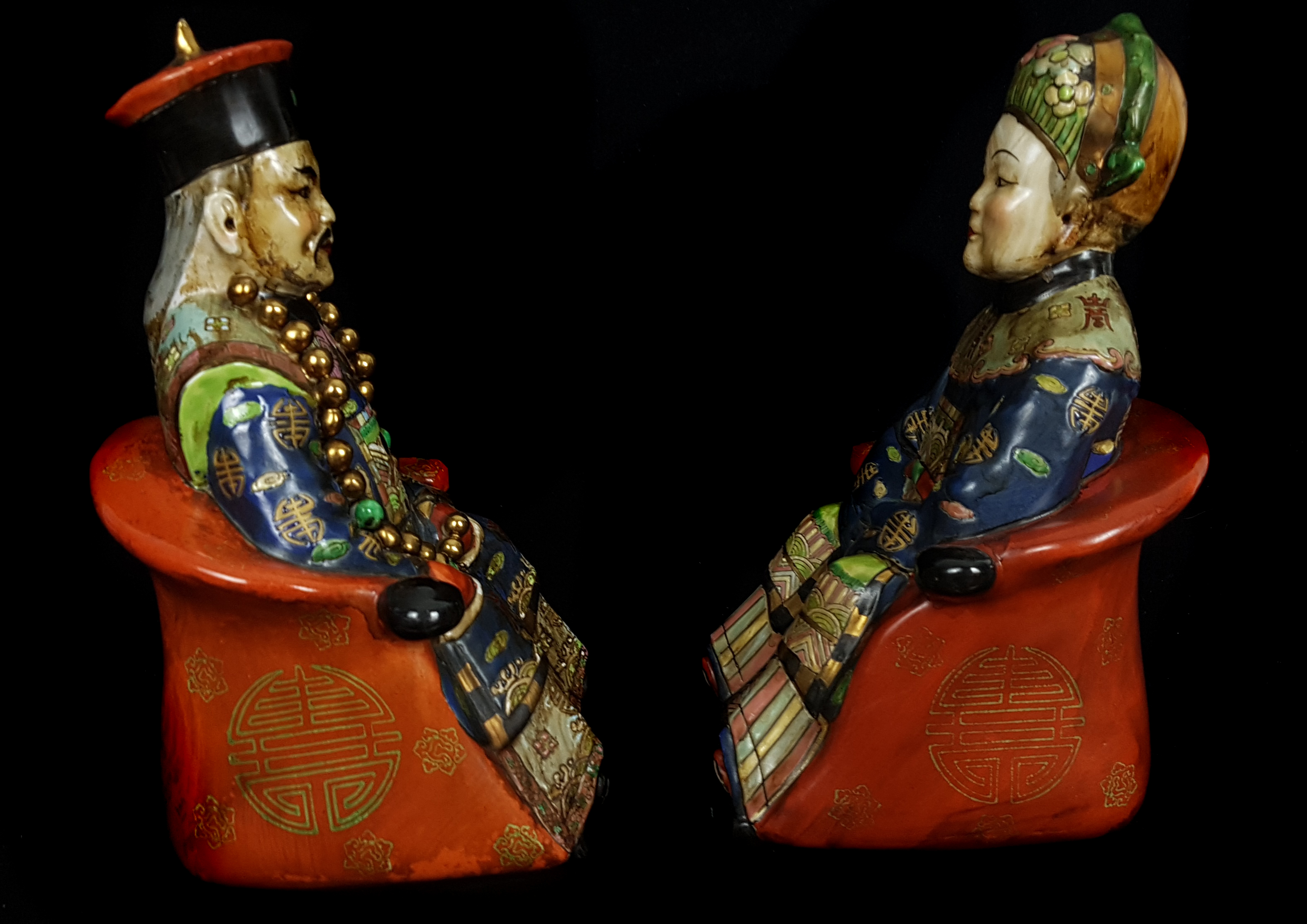 Two Chinese pottery ancestor figures, seated on thrones, polychrome decorated, 29cm high (2) - Image 2 of 3