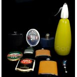 Vintage bar accessories including BOC soda siphon, lime green with circler motifs, Jennings