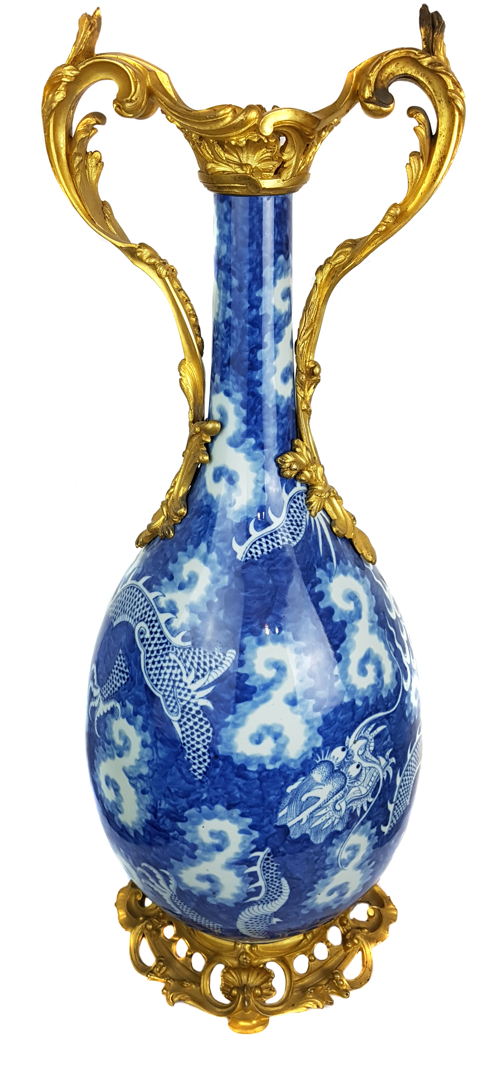 A Chinese blue and white porcelain bottle vase with ormolu mounts, the vase painted with dragons