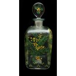 A Continental glass perfume flask and stopper possibly Harrach, of square section, enamelled with