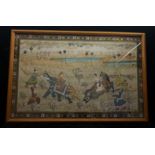 An Indian painting of a Tiger hunt on a textile ground. The huntsmen with spears, two figures seated