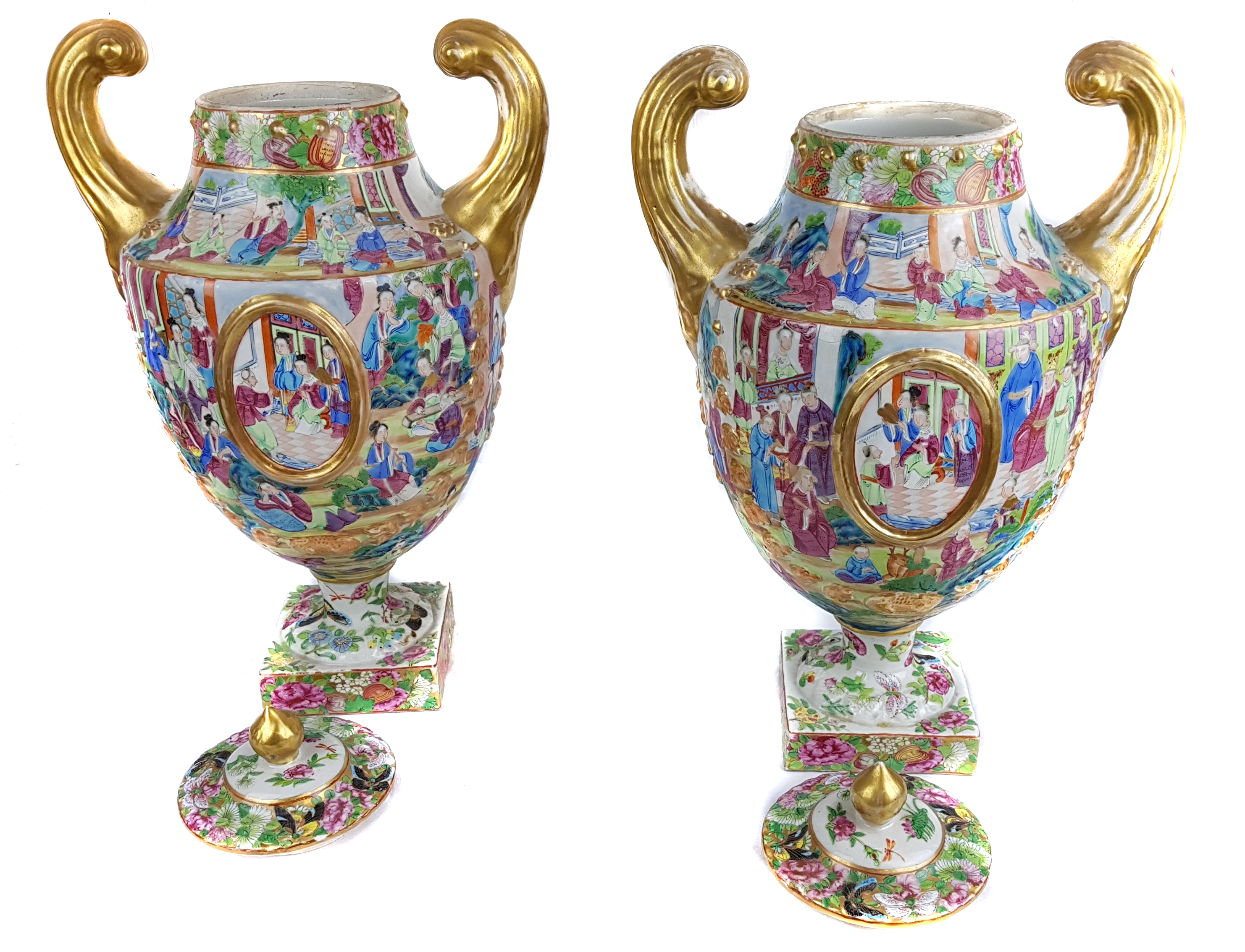 A rare pair of Chinese Export European shape pistol handled porcelain vases and covers, of Marieberg - Image 2 of 9