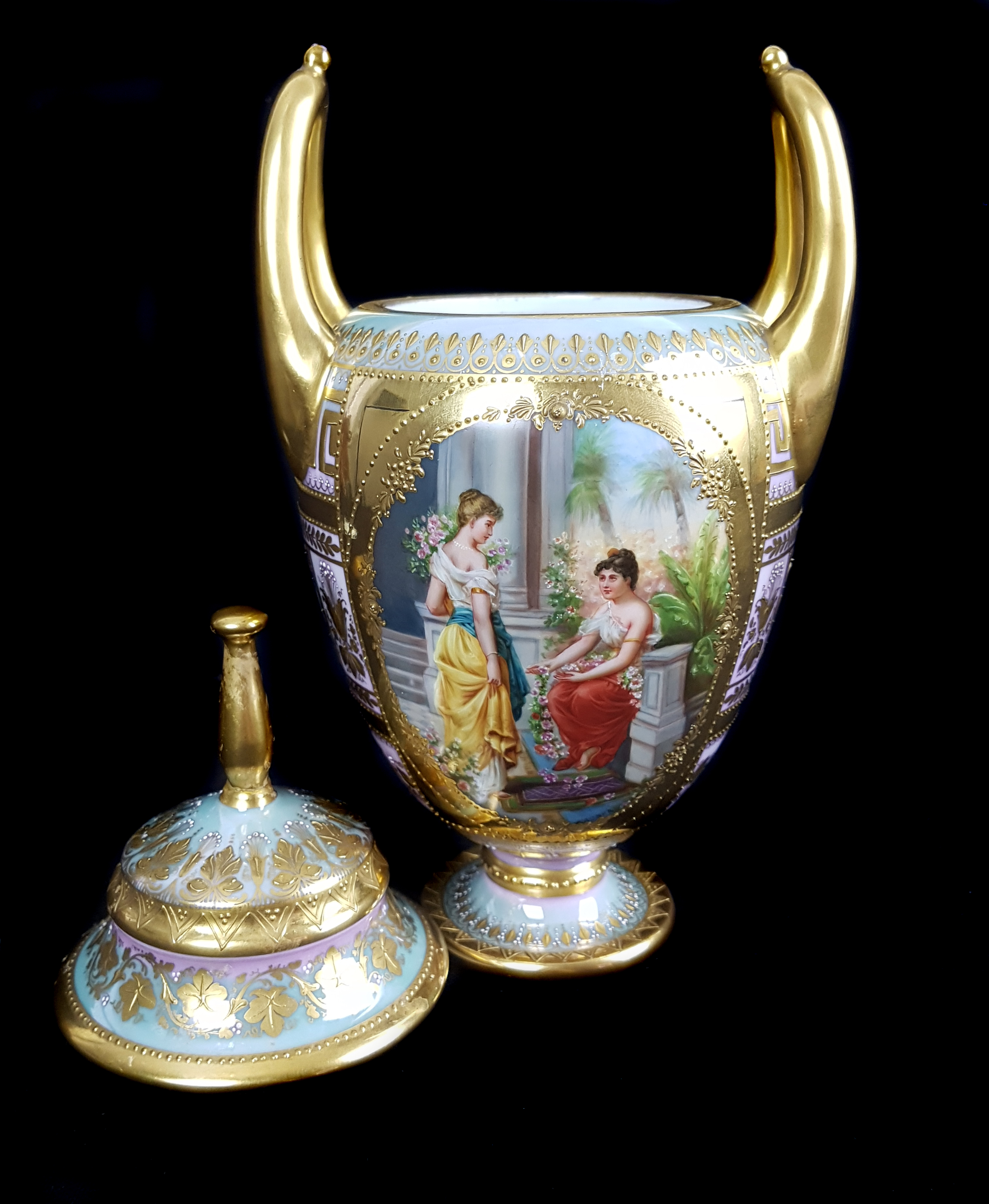 A Vienna porcelain vase and cover, signed Wagner, of ovoid form with high loop handles, decorated - Image 2 of 4