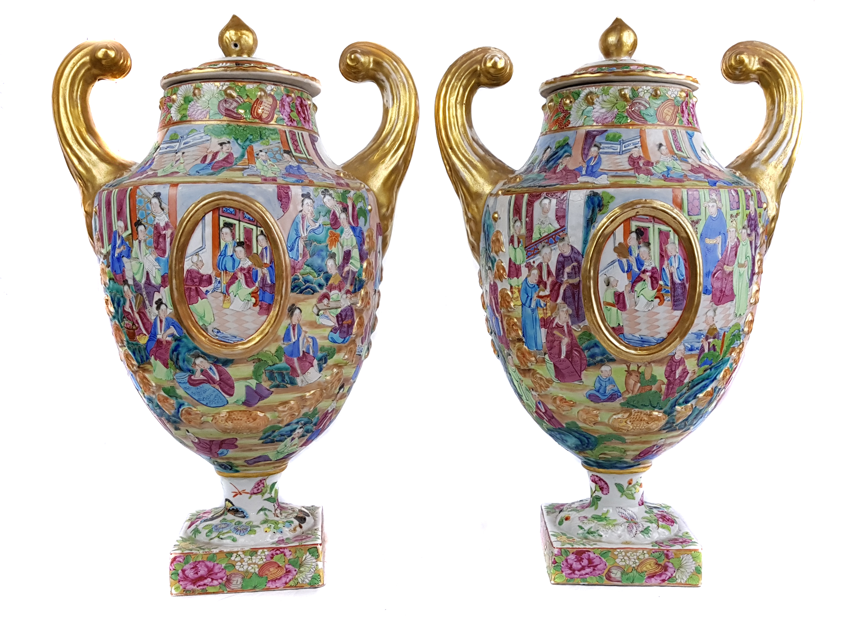 A rare pair of Chinese Export European shape pistol handled porcelain vases and covers, of Marieberg