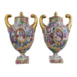 A rare pair of Chinese Export European shape pistol handled porcelain vases and covers, of Marieberg