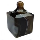 An Art Deco banded Agate Inkwell, faceted cube form with separate octagonal lift off cover 6.5cm