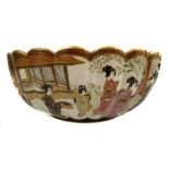 A Japanese Satsuma pottery bowl, of mon form, decorated with two panels of figures of warriors and