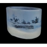 A Daum Nancy Dutch harbour scene glass salt, the opaline glass of oval section enamelled with