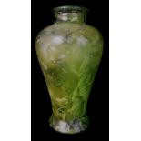 A green crystaline art glass vase, baluster form, 32cm high
