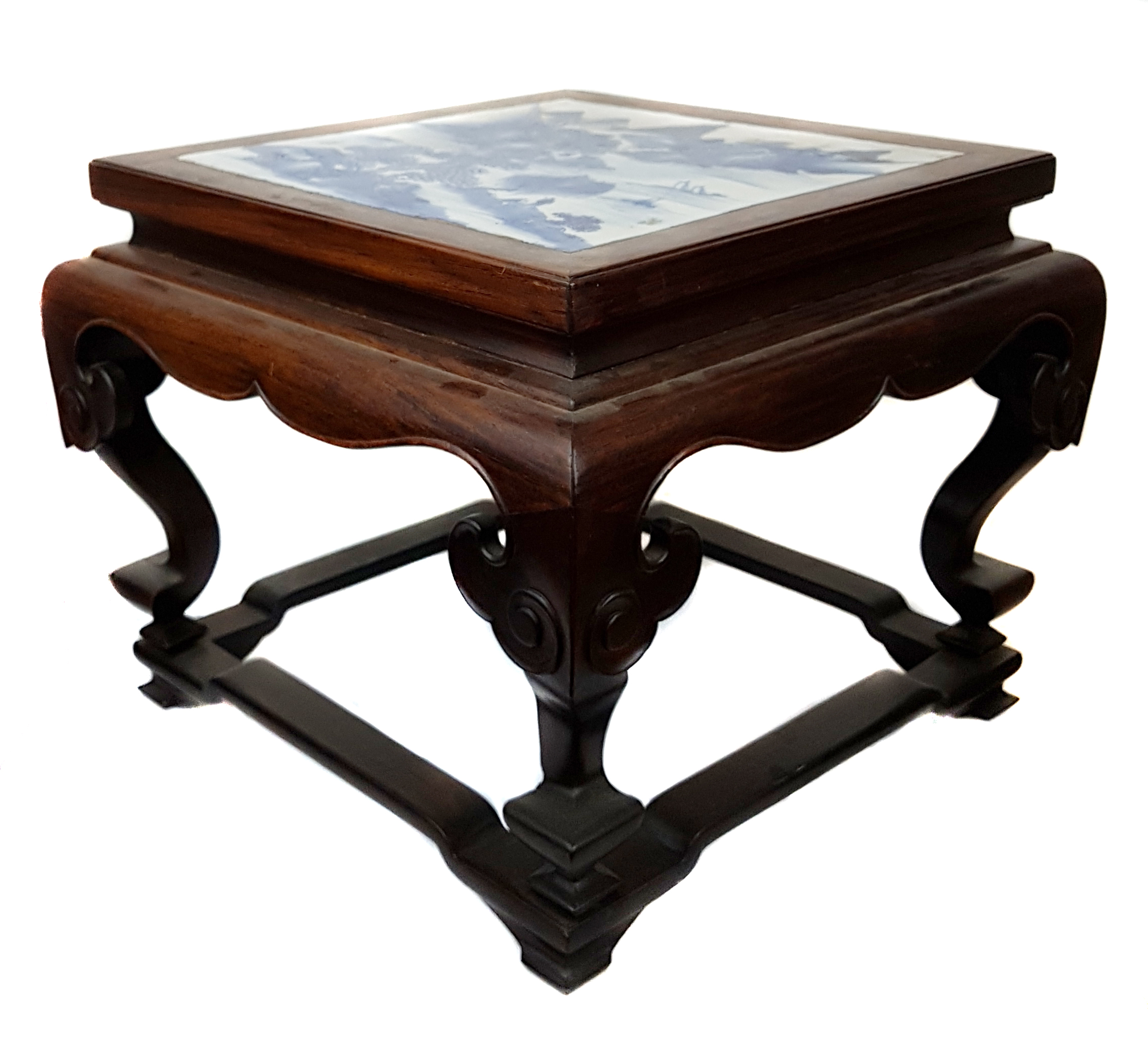 A Chinese hardwood low stand, set with a Chinese blue and white porcelain square panel to top, - Image 3 of 4