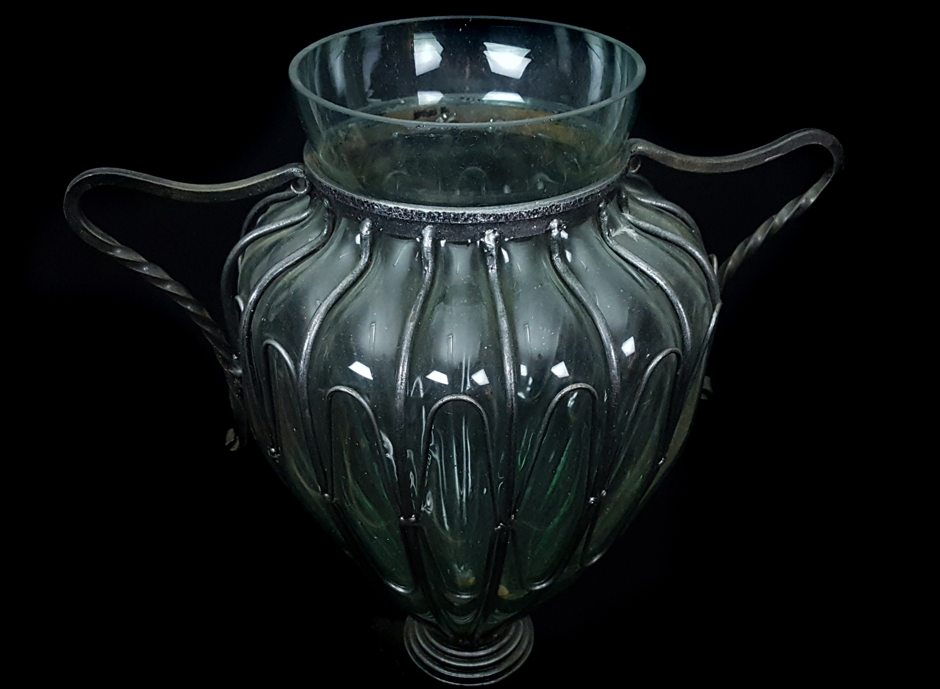 A bronzed metal and glass ewer, the ovoid glass body painted with cherubs, 62cm high - Image 2 of 2