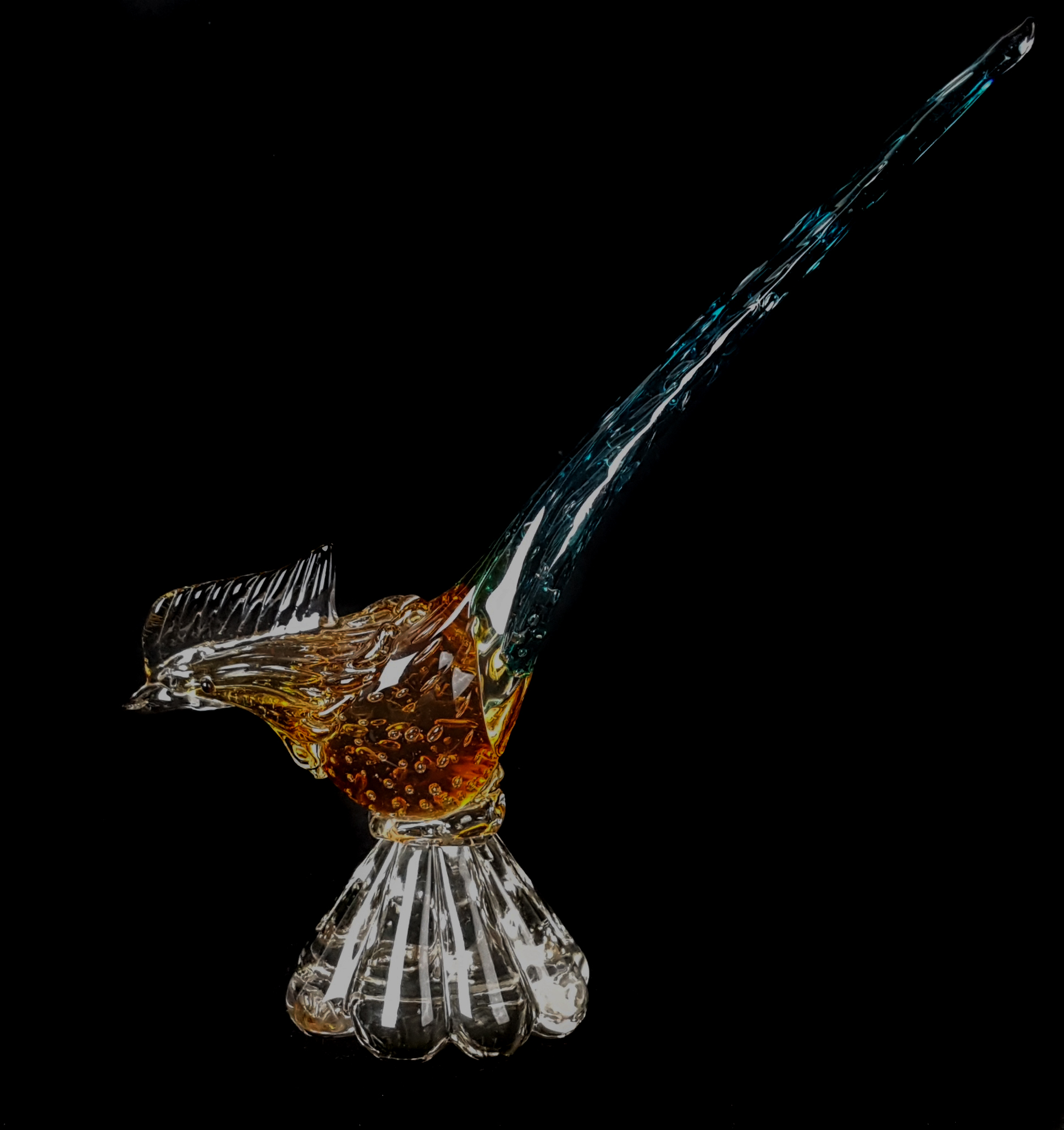 A Mid Century design, bubble glass figure of a pheasant, possibly Murano, 25cm high.