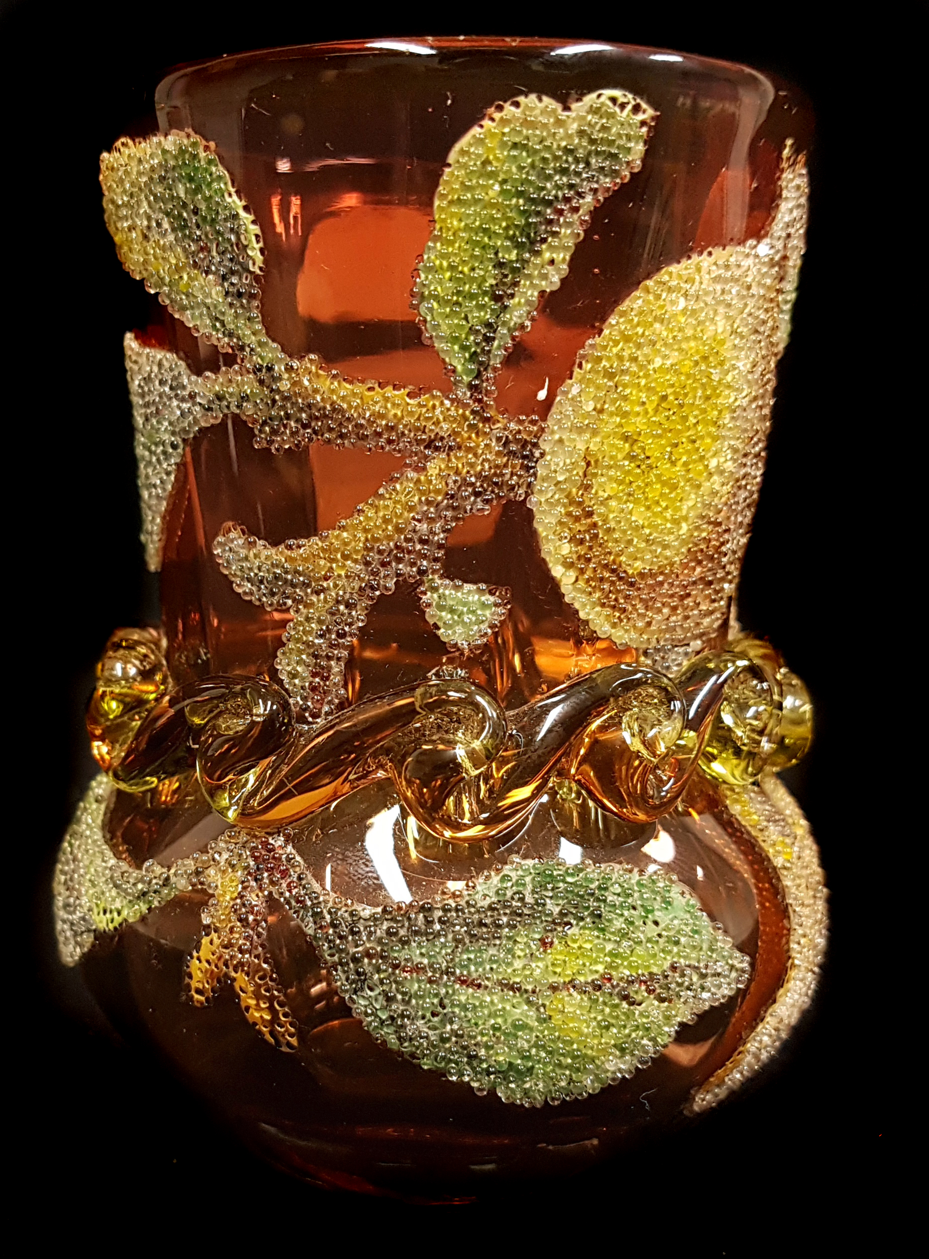 A coraline glass vase, the graduated ruby to amber glass decorated with fruiting branches, marked - Image 3 of 5