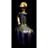 A Bohemian cobalt blue cased small sized liqueur flask and stopper, of claret jug form, the casing