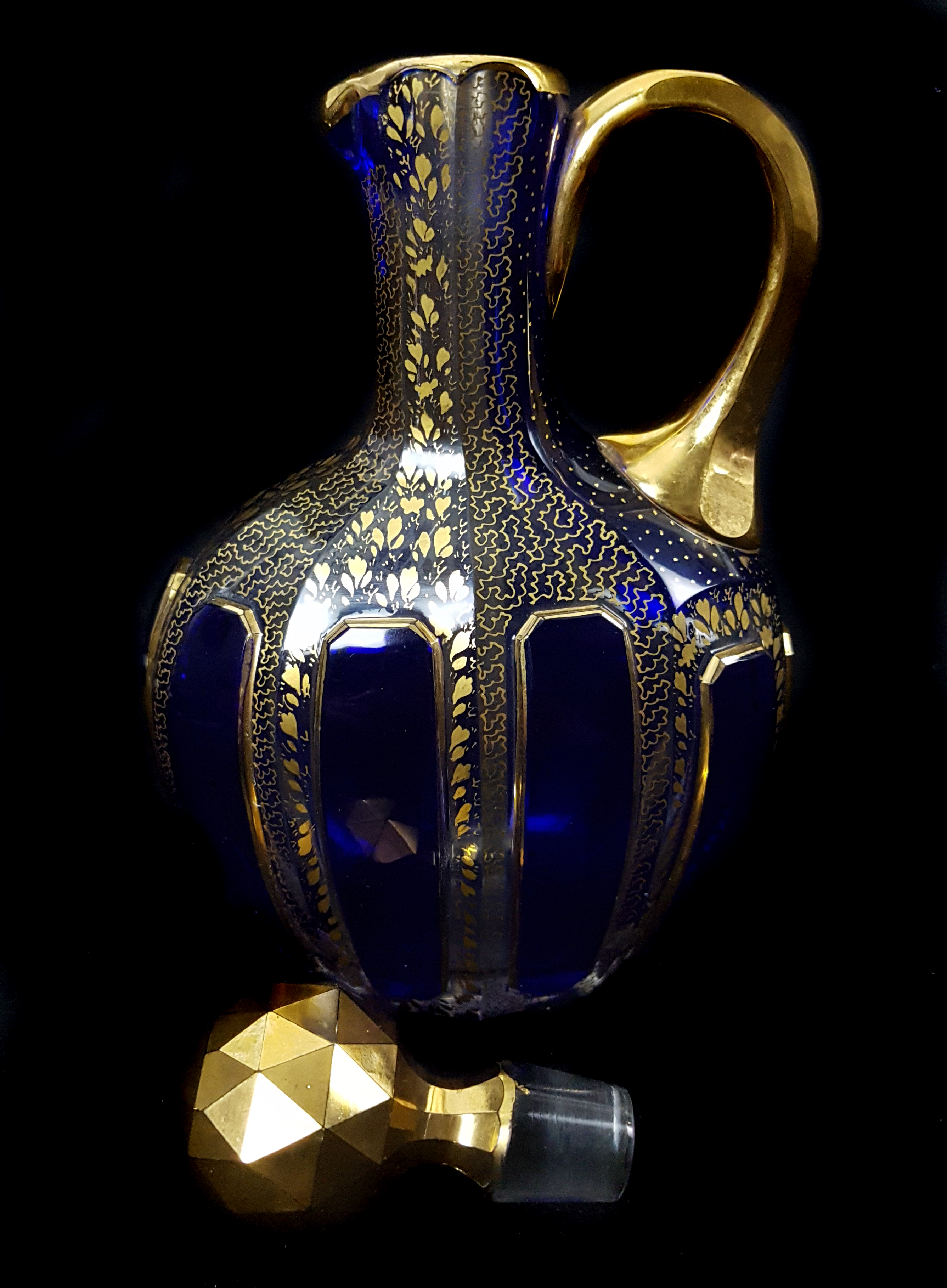 A Bohemian cobalt blue cased small sized liqueur flask and stopper, of claret jug form, the casing - Image 3 of 4