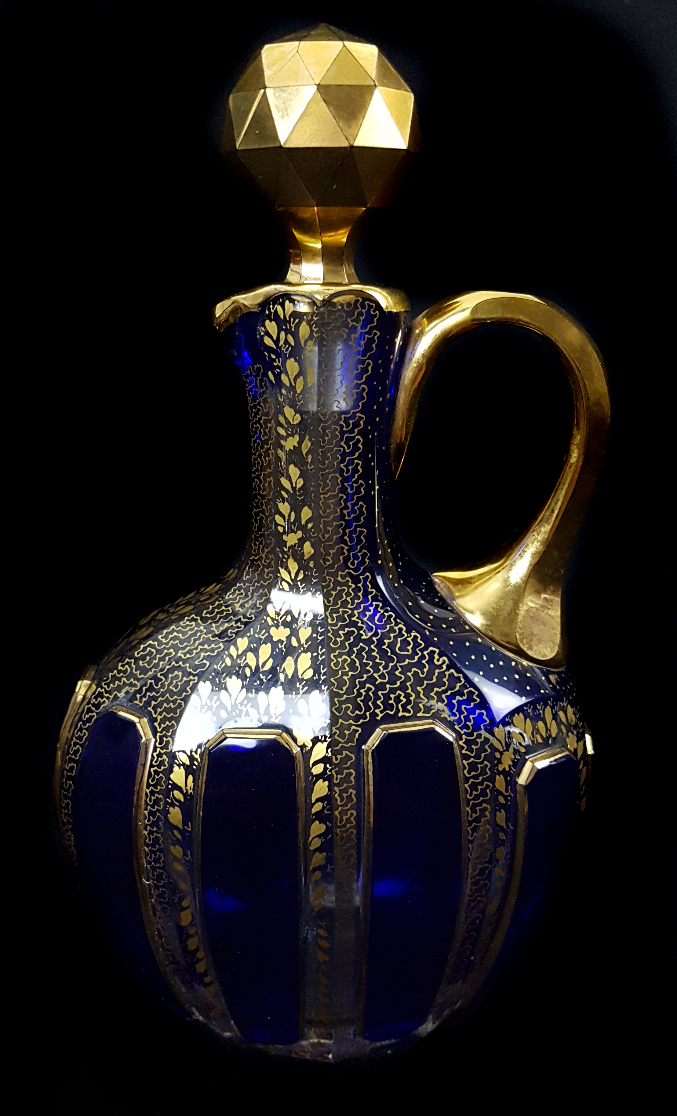 A Bohemian cobalt blue cased small sized liqueur flask and stopper, of claret jug form, the casing - Image 2 of 4