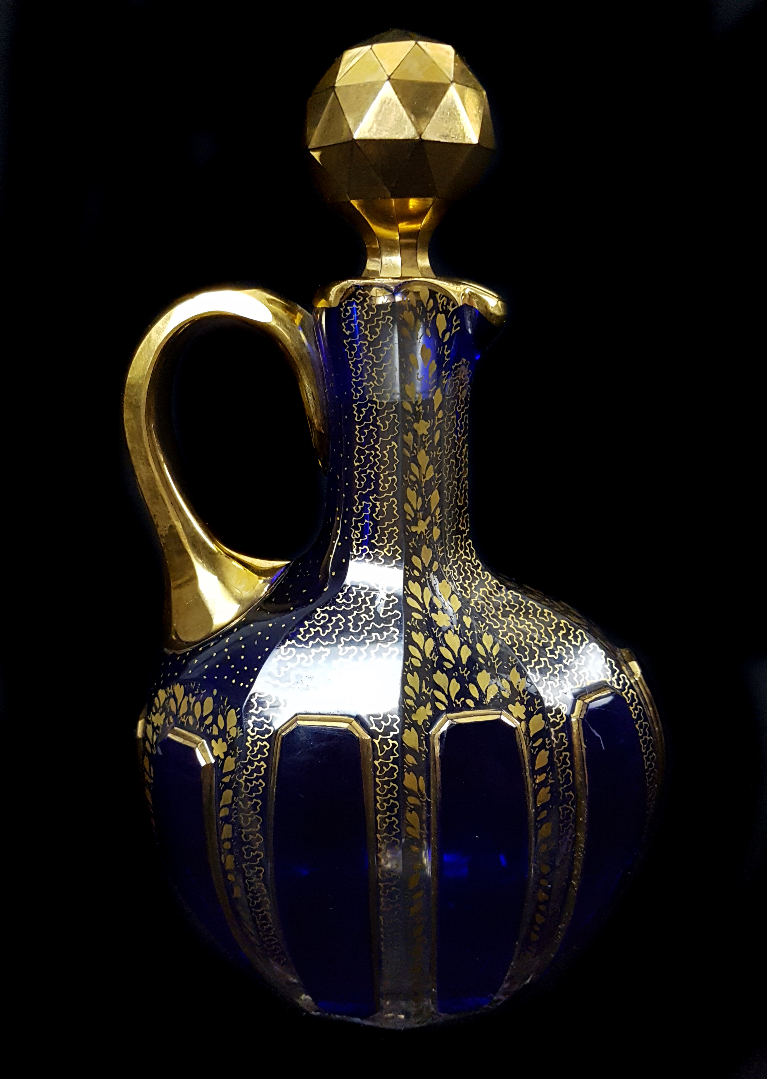 A Bohemian cobalt blue cased small sized liqueur flask and stopper, of claret jug form, the casing - Image 4 of 4