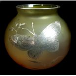 A Loetz style globular glass vase, of graduated lemon/amber colour decorated with silvered butterfly