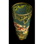 A Mont Joye Art Nouveau cylindrical glass vase, of frosted and clear sea green body, enamelled and