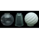 Architectural Salvage Interest - Three Art Deco glass lamp shades, one of bell form frosted and