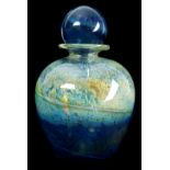 Michael Harris for Isle of Wight Glass - A globular blue aurene stoppered perfume bottle, 14cm high