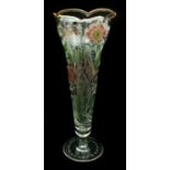 Harrach - A colourless glass trumpet vase engraved and enamelled with poppies in natural colours,