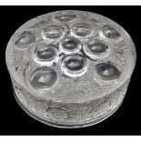 Lalique France - A Roger Glass powder box and cover, circular decorated with birds and lens form