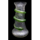 Loetz Style - A glass snake vase of dimpled 'bark' bottle form with applied coiled snake in green