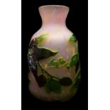 Loetz - A fire polished came vase, squat bottle form, the ground colour of pink with multicoloured