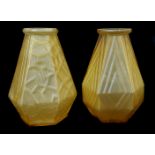 Two French Art Deco geometric frosted amber glass vases, of hexagonal section moulded with geometric